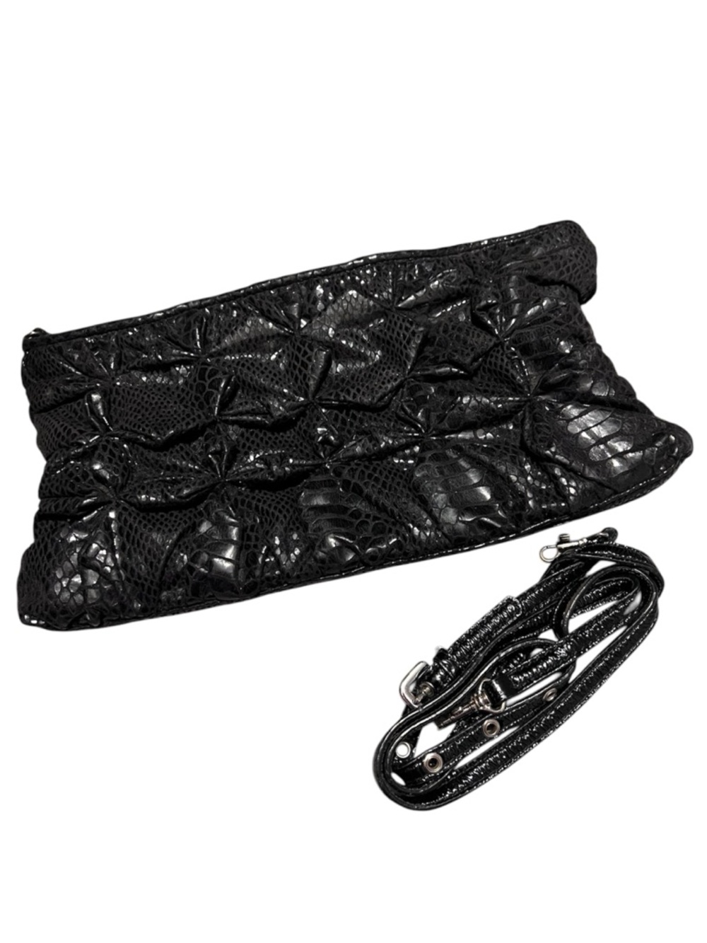 Black Quilted Faux-Snake Leather Convertible Clutch Wristlet